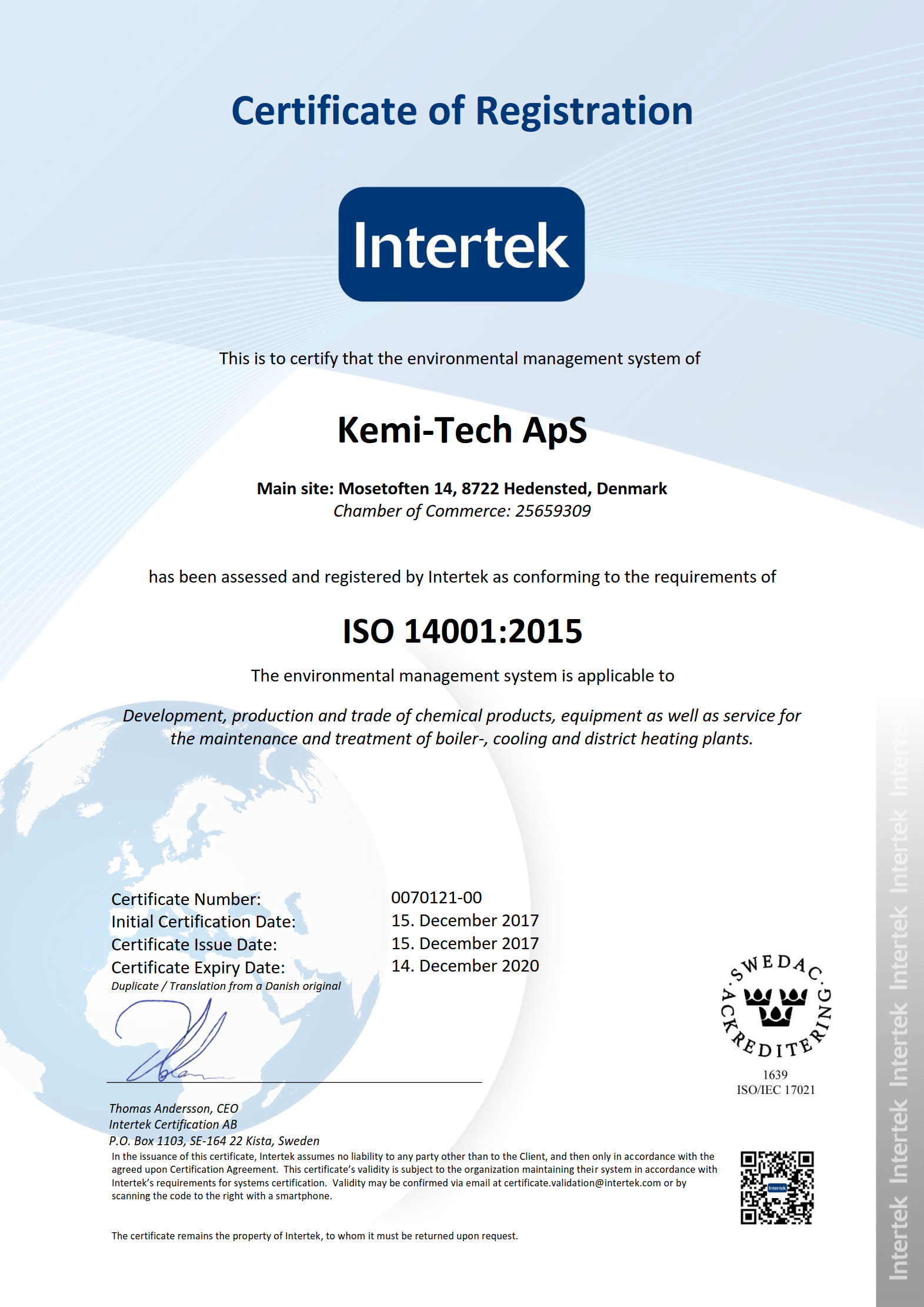 Kemi-tech ApS ISO14001:2015 certificate